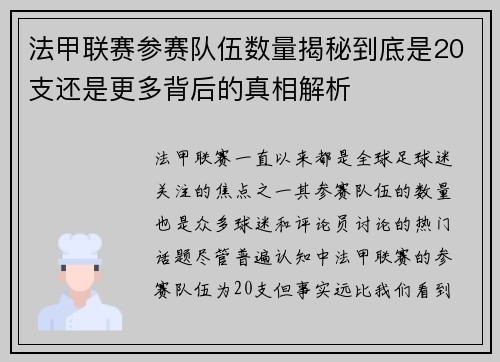 法甲联赛参赛队伍数量揭秘到底是20支还是更多背后的真相解析